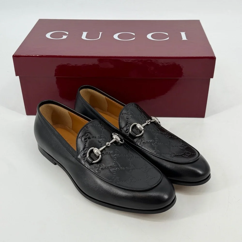 Gucci Mens Real Betis GG Monogram Horsebit Loafers Black Leather Size 7